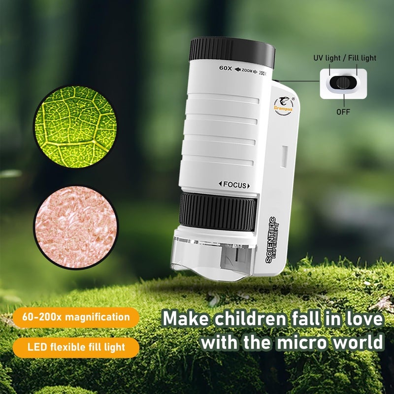 Grampus 60x-200x LED Pocket Microscope Portable Handheld STEM Toy for Kids Adults, Mini Microscope for Student Science Lab for Educational Microbiological Observation Outdoor Exploration - Image 4